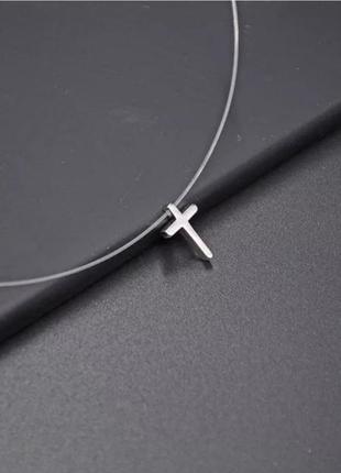 Чокер кулон крестик серебро на силиконовой нитке цепочку застежка