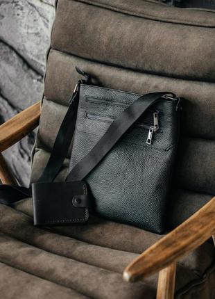 Мужская сумка барсетка из натуральной кожи черная на плечо, кожаная сумка мужская для телефона ключей кошелька2 фото