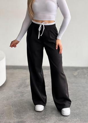 Трендові штани в стилі зара з високою посадкою на резинці шнурком вільного крою широкі з подвійним поясом