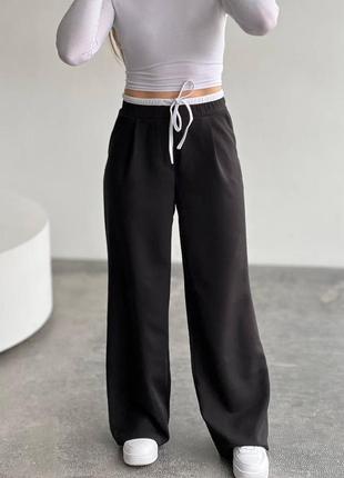 Трендові штани в стилі зара з високою посадкою на резинці шнурком вільного крою широкі з подвійним поясом8 фото