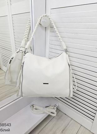 Жіноча стильна та якісна сумка мішок з еко шкіри на 2 відділи біла7 фото