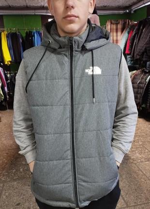 Утепленный безрукавный жилет the north face grey heather с капюшоном и молнией, средний размер l2 фото