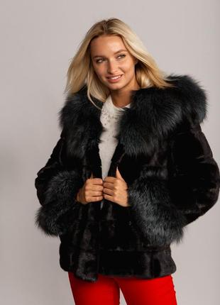 Норковая шуба saga furs с чернобуркой комбинация мехов (короткая шуба)
