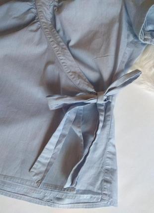 Лёгкая блуза в полоску на запах  с пышными рукавами. хлопковая блуза голубая5 фото