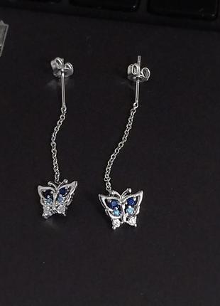 Сережки кульчики срібні 925 проба срібло метелики сині протяжки