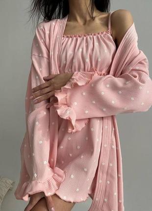 Женская нежная пижама рубчик цветочный принт халат и рубашка1 фото