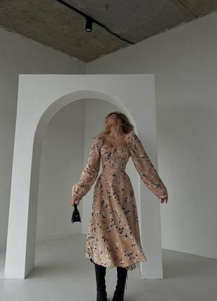Женственное элегантное платье миди свободного кроя с длинными рукавами с разрезом на ноге и завязками на груди принт цветок муслин3 фото