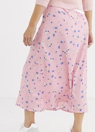 Тонкая летняя розовая юбка-миди в цветочек с карманами спереди, s размер, weekend girl3 фото