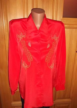 Блуза рубашка красная вышивка золото шелк полуэстер р. 12 -  m-l  - size
