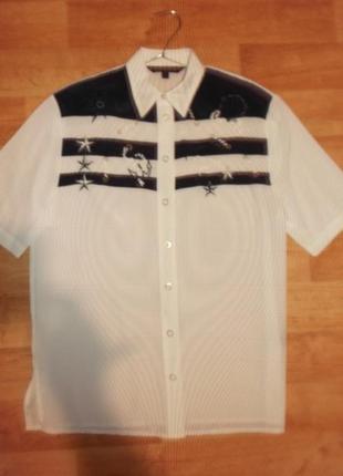 Блуза рубашка белая  вышивка шелк золото  оверсайз полуэстер р. 12- m- l - bassini