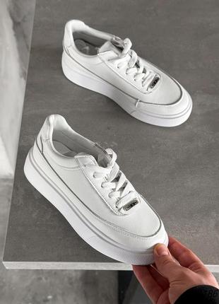 Белые натуральные кожаные кроссовки кеды на толстой подошве кожа1 фото