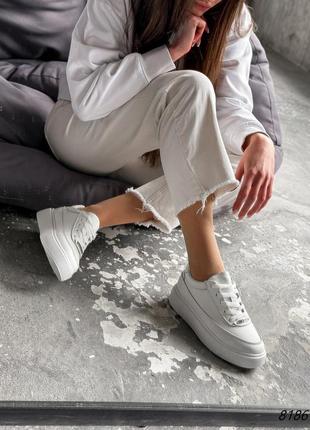 Белые натуральные кожаные кроссовки кеды на толстой подошве кожа2 фото