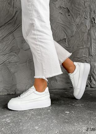 Белые натуральные кожаные кроссовки кеды на толстой подошве кожа5 фото