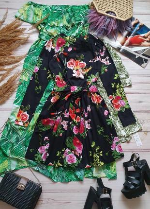 Цветочное натуральное коттоновое платье клеш с поясом и пионами6 фото
