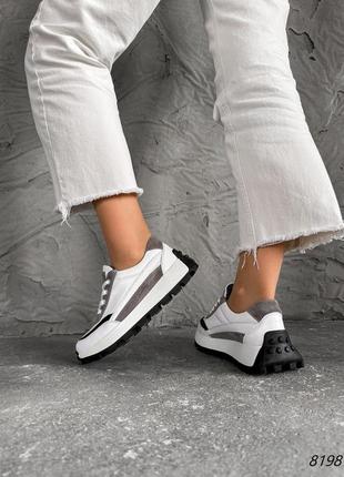 Белые с серым натуральные кожаные замшевые кроссовки на высокой толстой грубой подошве платформе кожа6 фото