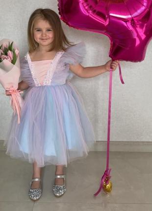 Пышное детское нарядное сиреневое розовое блестящее платье для девочки на день рождения праздник 98 104 116 122 128 134 140 на 3 5 6 7 8 9 лет
