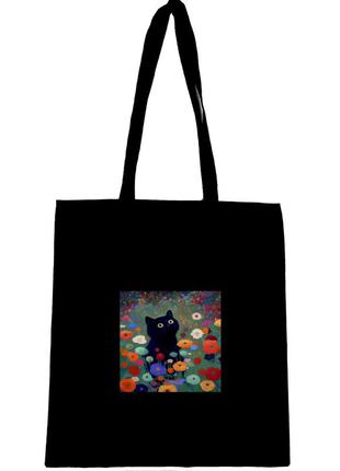 Еко сумка шопер з принтом " чорний кіт у квітах "
