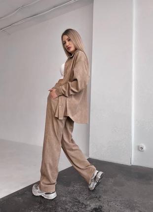 Жіночий вельветовий оверсайз костюм сорочка і широкі брюки прямі якісний комплект