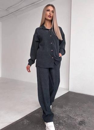 Жіночий вельветовий оверсайз костюм сорочка і широкі брюки прямі якісний комплект