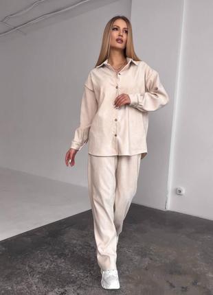 Жіночий вельветовий оверсайз костюм сорочка і широкі брюки прямі якісний комплект