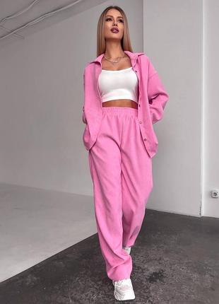 Жіночий вельветовий оверсайз костюм сорочка і широкі брюки прямі якісний комплект