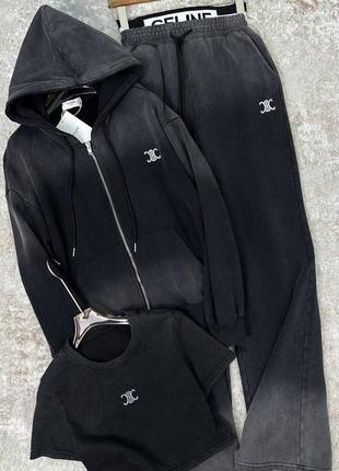Костюм спортивний в стилі celine трійка топ мастерка на молнії штани широкі графіт чорний