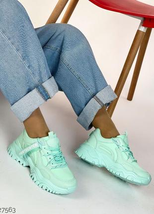 Зелені м'ятні ментолові жіночі кросівки на високій підошві потовщеній