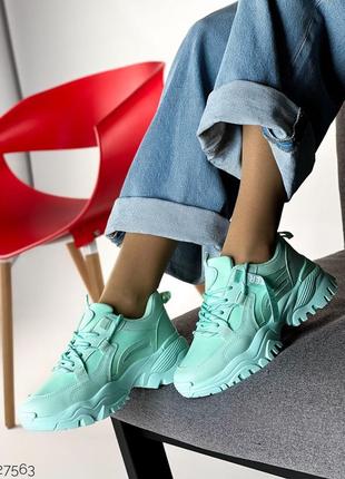 Зелені м'ятні ментолові жіночі кросівки на високій підошві потовщеній