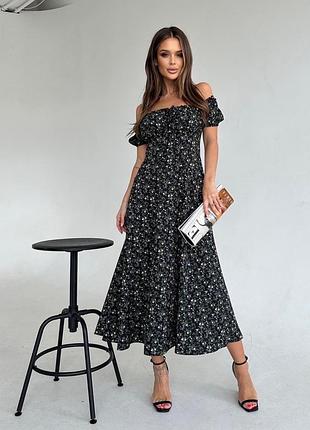 Улюблена квіткова сукня міді софт з відкритими плечима і розрізом, плаття в квітку з короткими рукавами