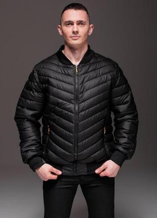 Весенний бомбер черный утепленный casual, куртка дутая стеганая с манжетами7 фото