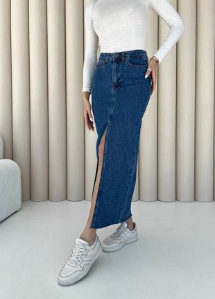 Юбка длинная джинсовая синяя с разрезом коттон2 фото