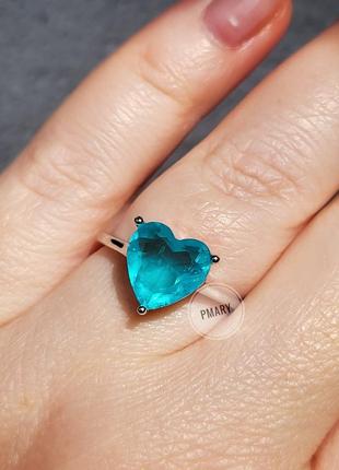 Серебряное кольцо сердце с турмалином параиба6 фото