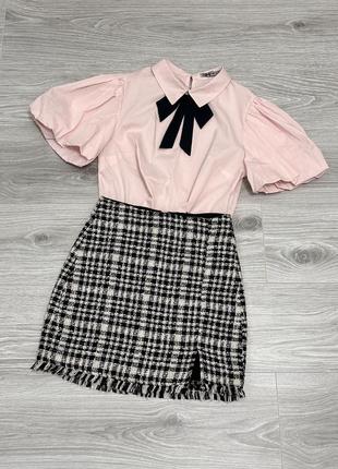 Стильный комплект блуза с пышными рукавами и твидовая юбка с разрезом для девочки 158 рост9 фото