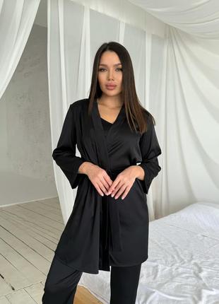 Женская шелковая пижама 5ка (халат + майка + шорты + брюки + ночная рубашка) s черный
