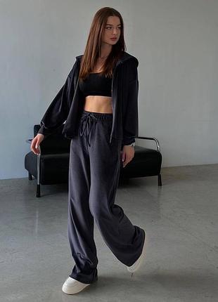 Розкішний жіночий велюровий костюм зіп худі на блискавці і широкі штани палаццо оверсайз