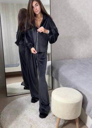 Розкішний жіночий велюровий костюм зіп худі на блискавці і широкі штани палаццо оверсайз