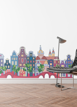 Вінілова інтер'єрна наклейка кольорова декор на стіну (шпалери) "амстердам. кольорові будинки"2 фото