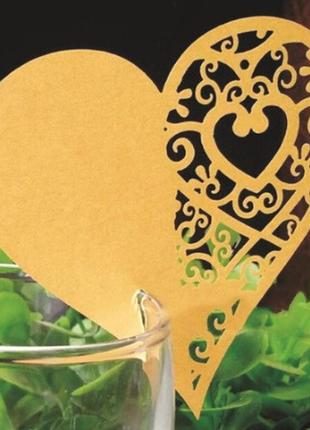 Розсадочні картки золотисті "серця" - у наборі 10шт., (розмір 8*8 см), картон