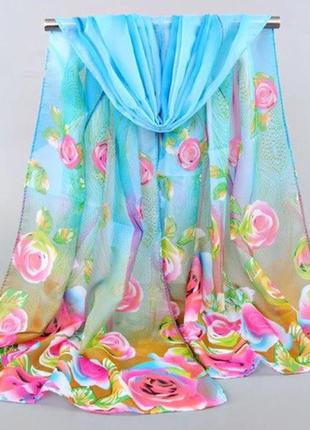 Женский шарф голубой с рисунком роз - размер шарфика приблизительно 140*48см, шифон
