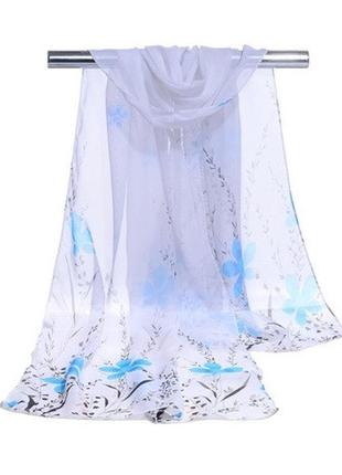 Женский шарф с голубыми цветочками - размер шарфа приблизительно 145*48см, шифон