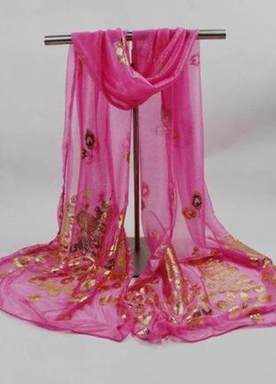 Женский шарф с павлинами розовый, размер шарфа 160*43см, нейлон