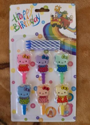 Свечки в торт для детей "hello kitty" - 6 штук, разноцветные, свечка 6см, подставка 5см