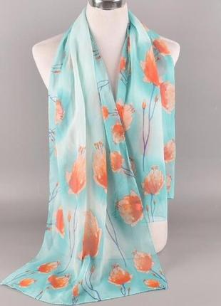 Женский шифоновый шарф ментоловый в цветочек - размер приблизительно 150*48см