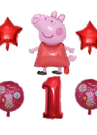 Кульки свинка пеппа на 1 рік - набір 6шт., (без гелію), зірки 43см, круглі кулі 41см, свинка 60см