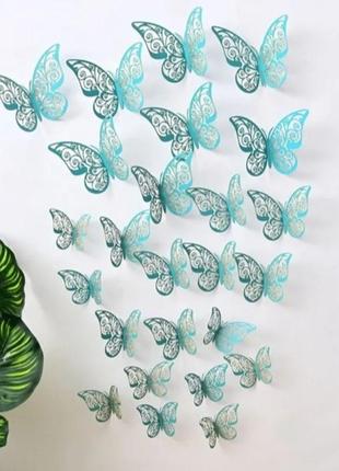 Бабочки интерьерные на стену бирюзовые в наборе 12шт. разных размеров, в набор входит 2х сторонний скотч
