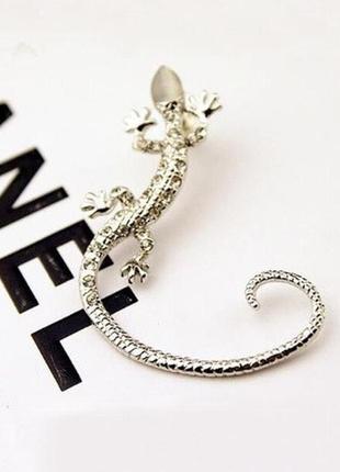 Серьга "ящерица" - 1шт. (5*4см), под серебро, сплав, носится на одно ухо2 фото