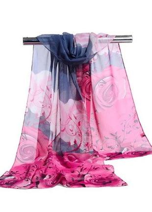Шифоновий шарф з трояндами 145 на 48 см сіро-рожевий