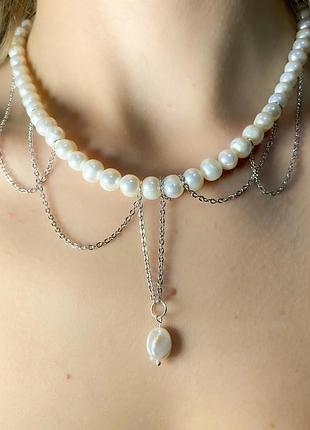 Чокер натуральный речной жемчуг подвесная цепь, фур-ра гип-ный сплав цвета сталь d-8мм+- l-40-45см