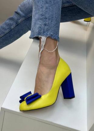 Синьо жовті шкіряні туфлі з бантиком з натуральної шкіри2 фото