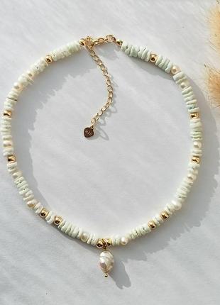 Чокер ракушка "скафарка" голубая + натуральный жемчуг, фур-ра гип-ный сплав цвет золото d-5мм+- l-33-38см